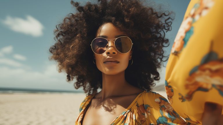 Femme afro sur la plage avec un out fit d'été