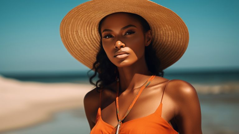 Femme afro sur la plage avec un out fit d'été